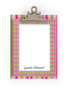 Pink & Lime Preppy Argyle & Stripe clipboard with paper